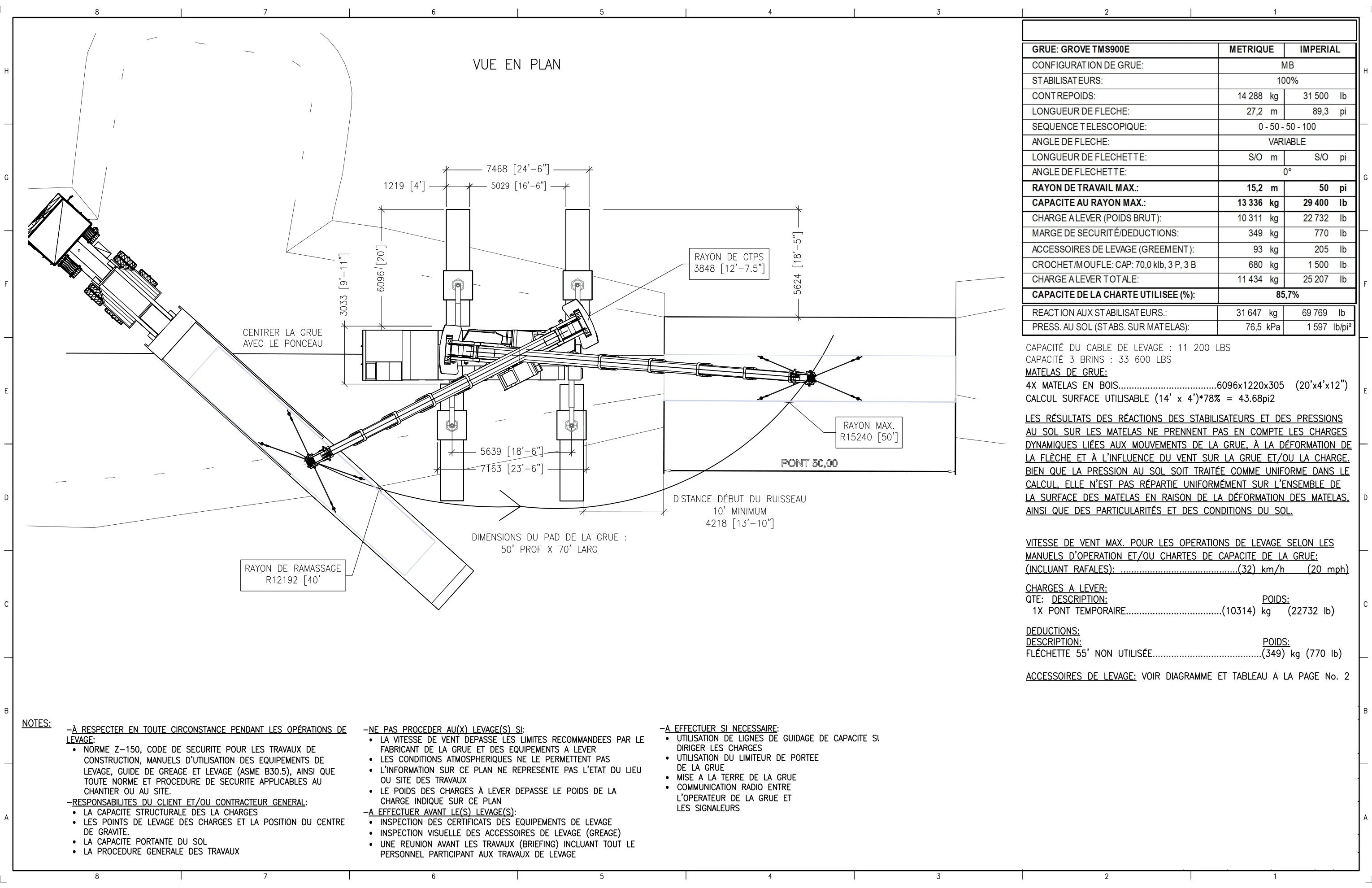 Reference Maxor lift plan — Grove TMS900E temporary bridge installation, MB config, 100% outriggers, capacity 85.7%, wind limit 32 km/h