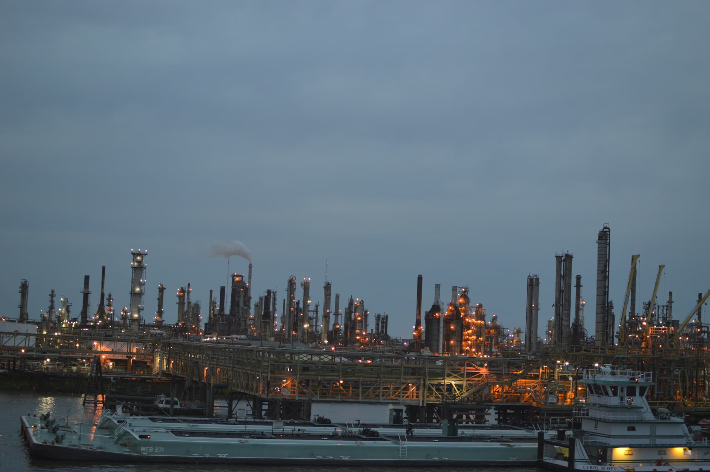 Industrial petrochemical complex with stacks and process units