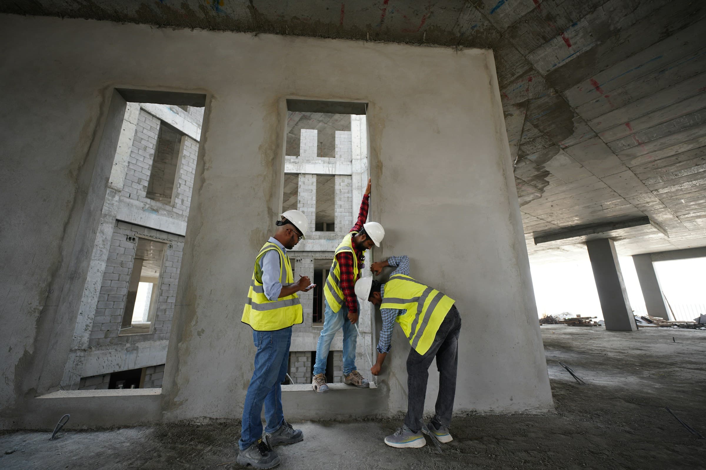 Engineering team reviewing blueprints together on a worksite