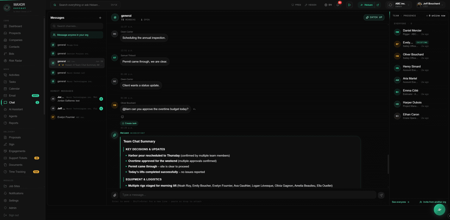 Heisen résumant un canal d'équipe dans le chat MaxorConnect