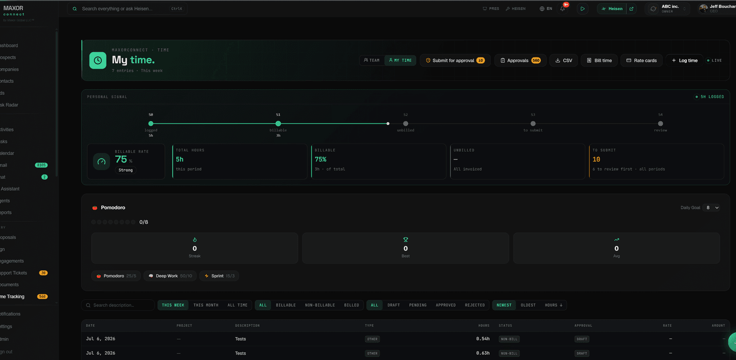 Maxor Connect — Time tracking that feeds billing directly.